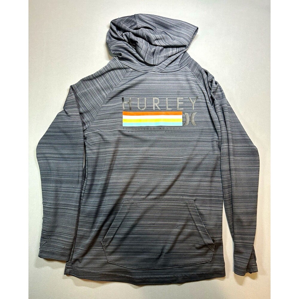 Hurley Dri-FIT Gray Striped Pullover Hoodie Logo Graphic Print Pockets L
